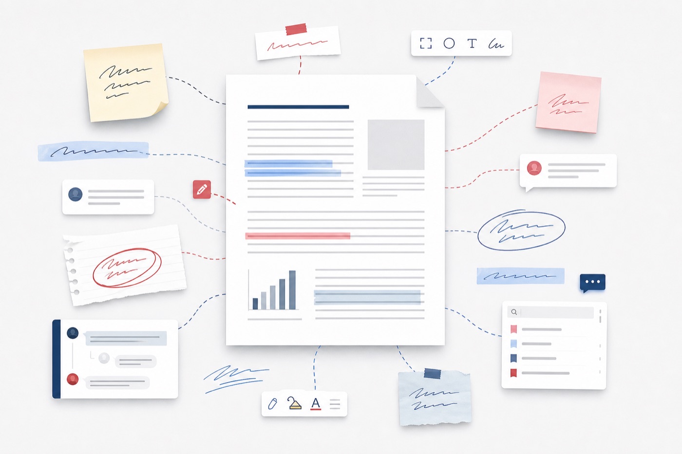 A stable PDF page surrounded by fragmented annotation systems