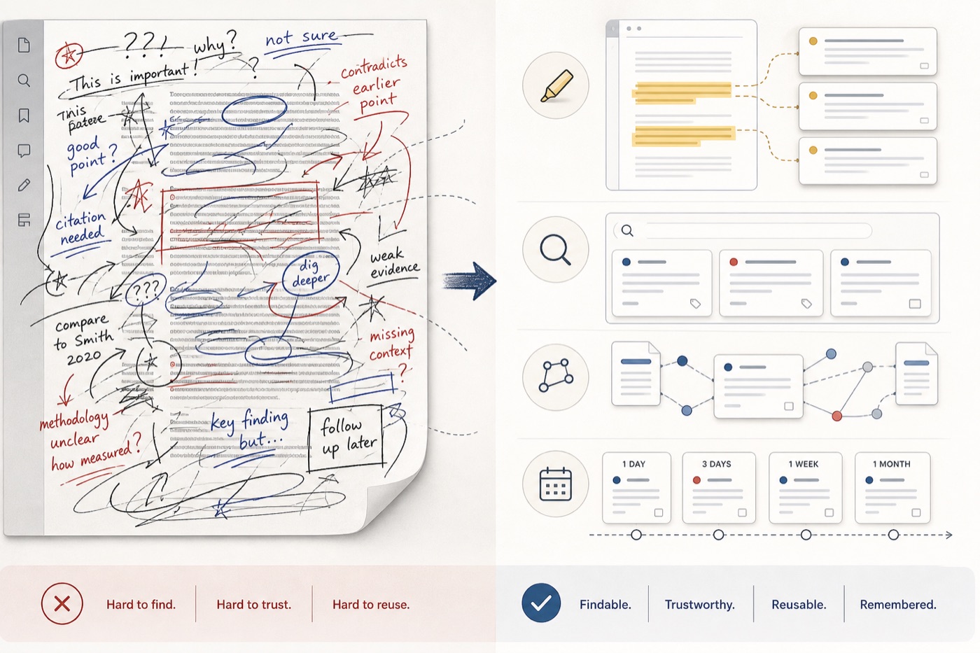 A cluttered handwritten PDF contrasted with a structured annotation workflow