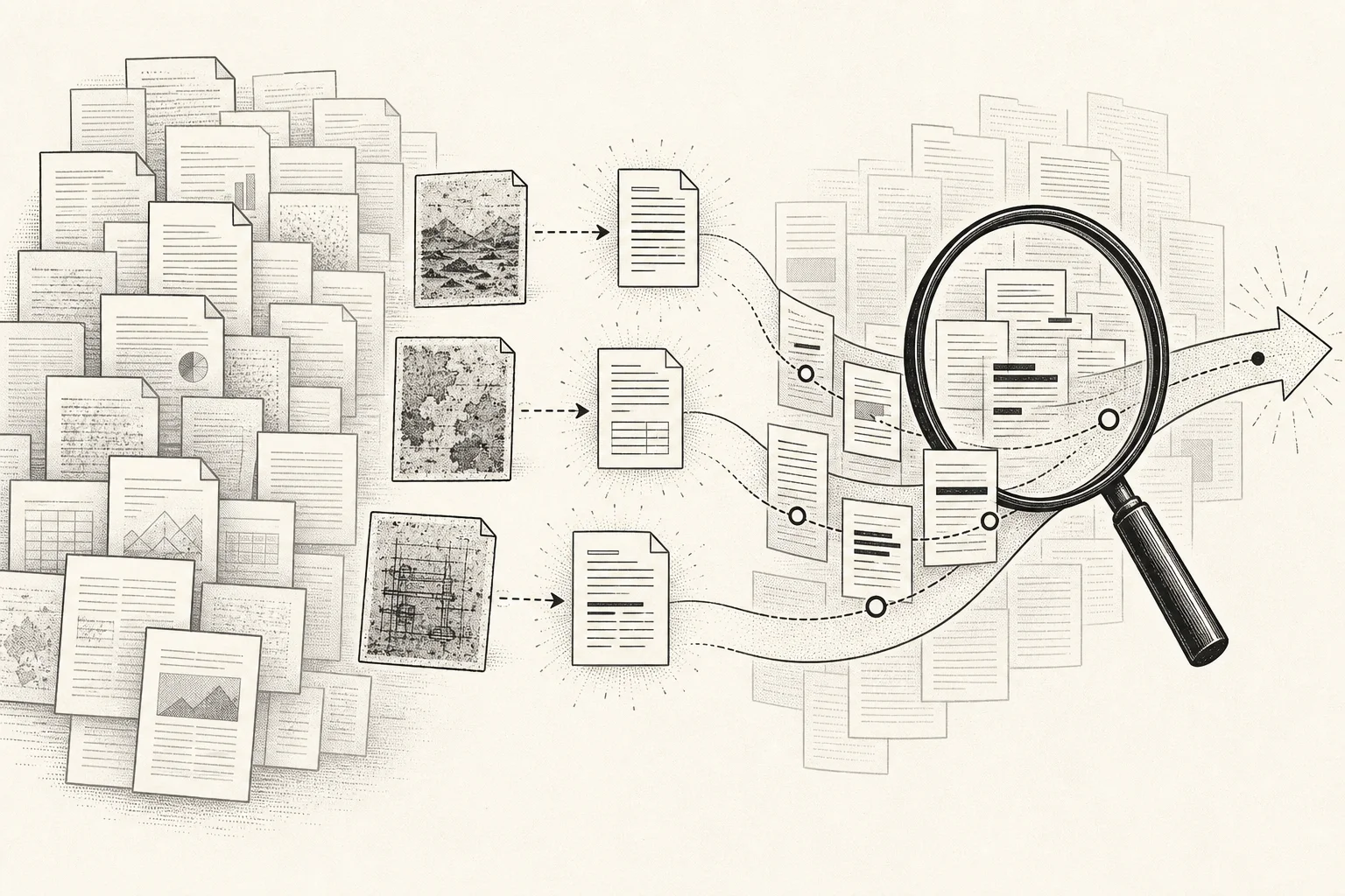 Scanned PDFs pass through OCR before joining a searchable document collection