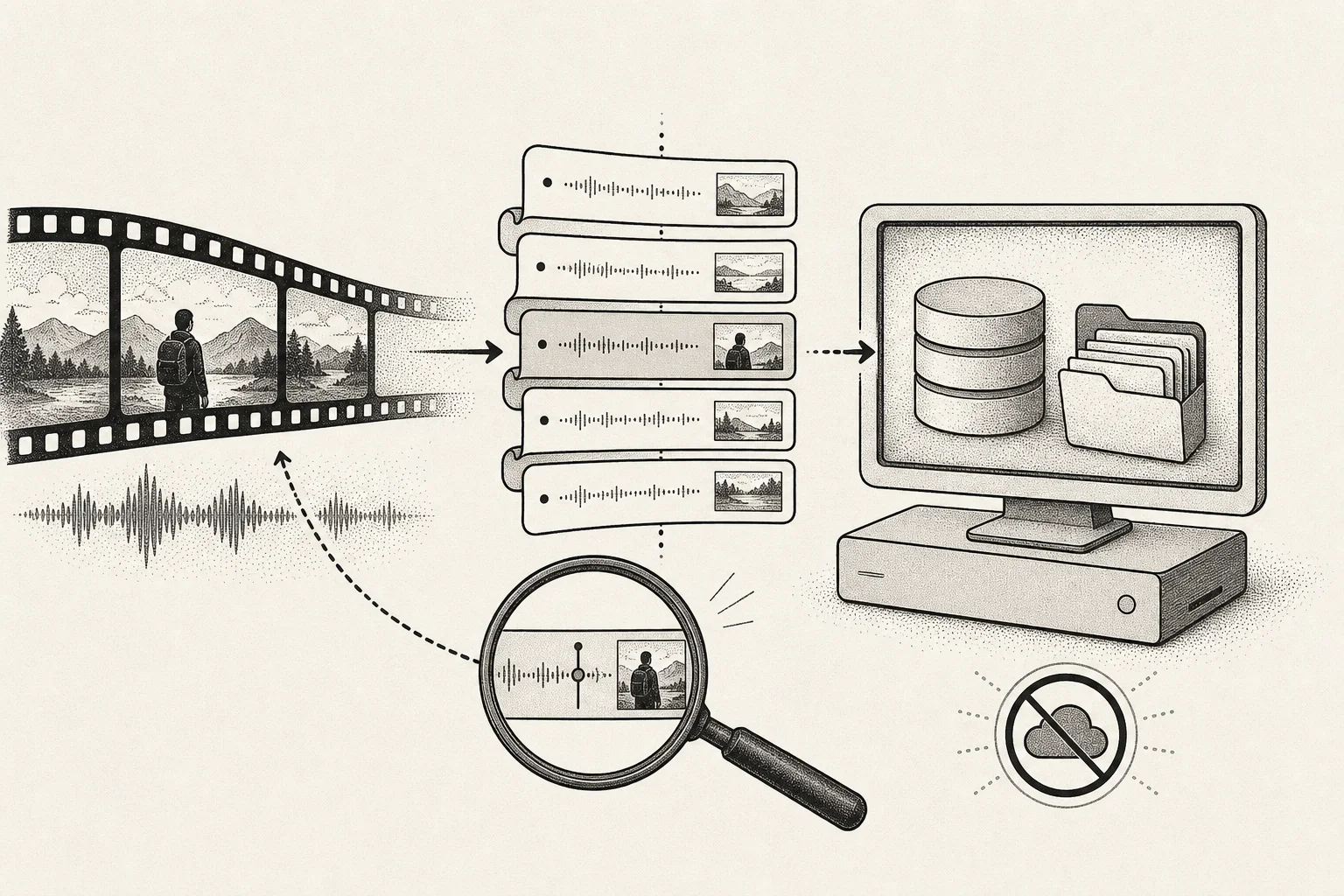 Video and audio are converted locally into timestamped transcript segments that lead back to matching frames
