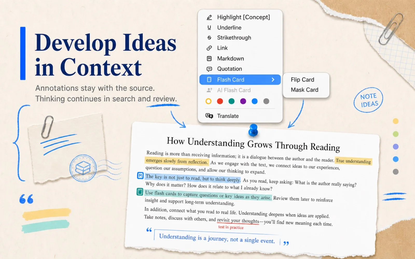 DoCube annotation menu on selected text: highlight, underline, strikethrough, link, quote and card tools