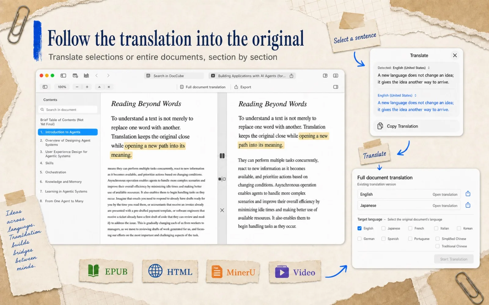 DoCube translation: EPUB bilingual side-by-side reading with a selection translation popup and full-text panel